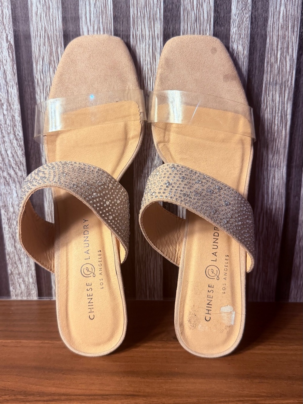 Chinese Laundry Beige Rhinestone Slide Sandals